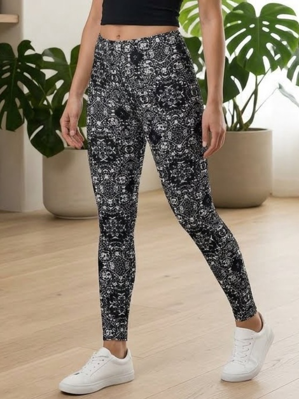Pink Rose Black White Printed Soft Stretch Leggings